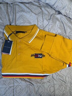 Tommy Hilfiger Men's Yellow Long Sleeve Polo with Stripe Trim